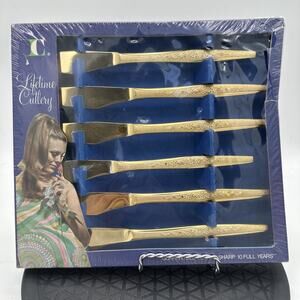 Vintage New Old Stock Lifetime Cutlery Golden Banquet Dinner Knives Set of 6